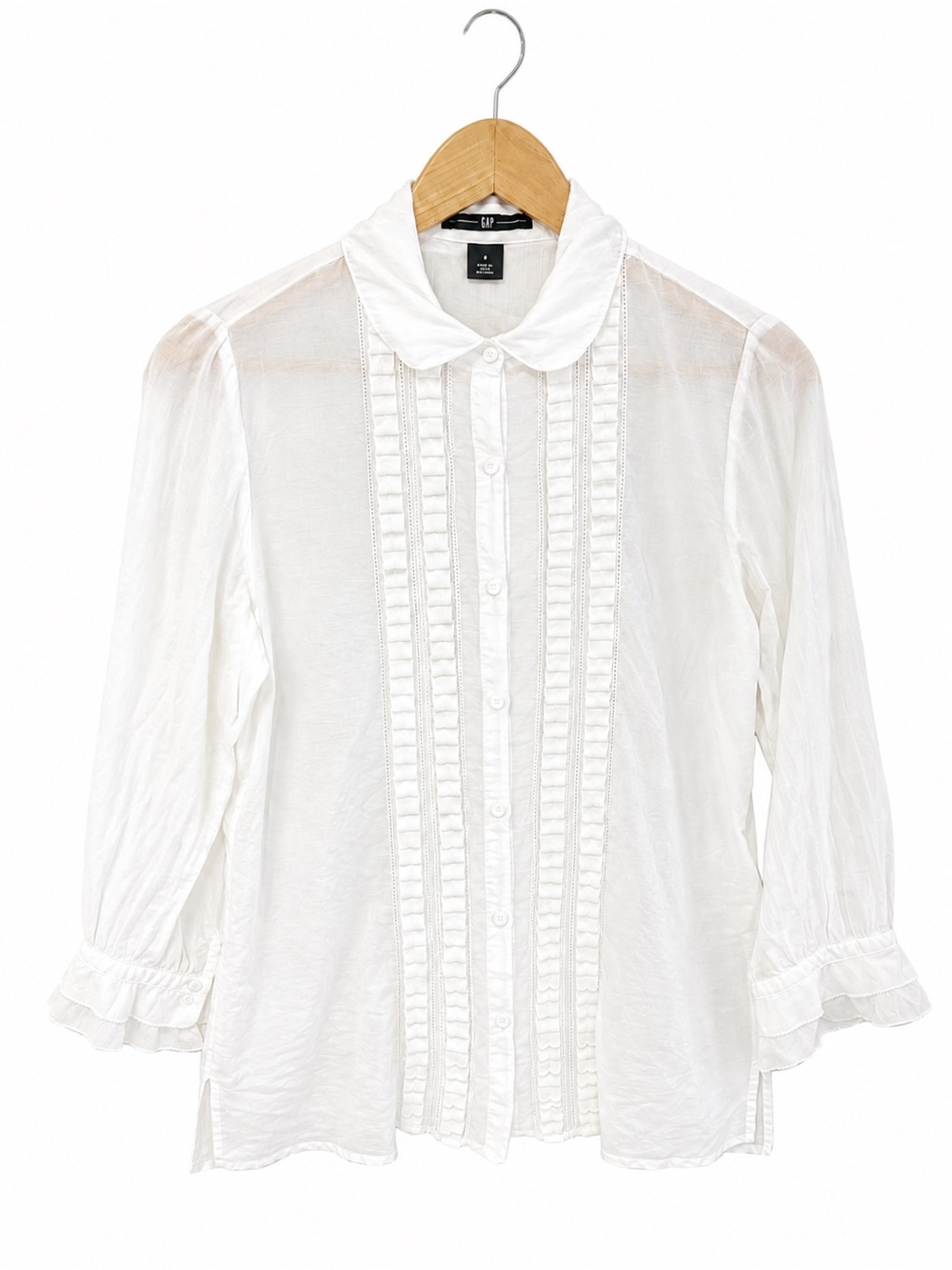 Vintage GAP Semi Sheer Cotton Silk Pintuck Velvet Trim Button Down White Size 8